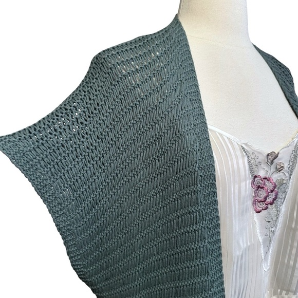 MARGARET O’LEARY Green Crocheted Open Fringe Cardigan Loose Knit Boho Size Small - Picture 4 of 11